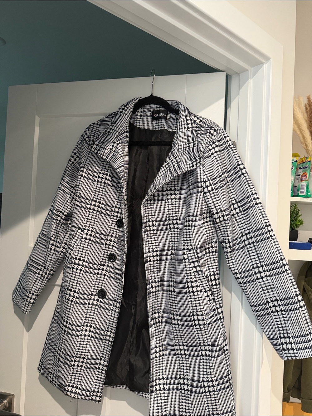 Size M Plaid Wool-Blend Coat in Black & White - Women's Jacket